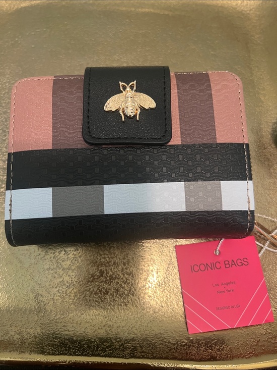 Iconic Bags Los Angeles NY Handbags - #2001**& Pink/Black Striped Compact Wallet with Gold Charm Bee Accent